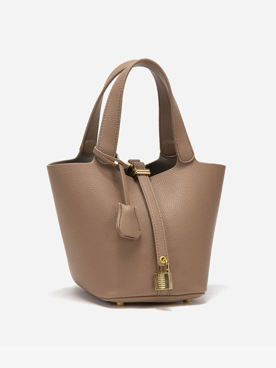 Chic women's bucket bag in rich taupe leather, perfect accessory