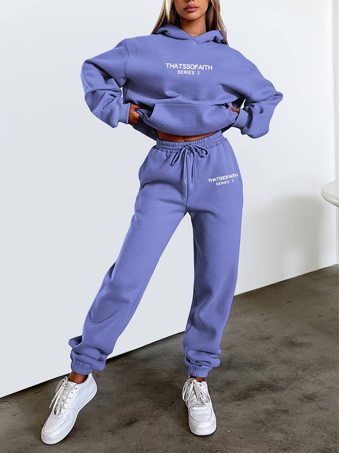 Fashionable women's pants set: Mia sweatshirt and coordinating joggers.