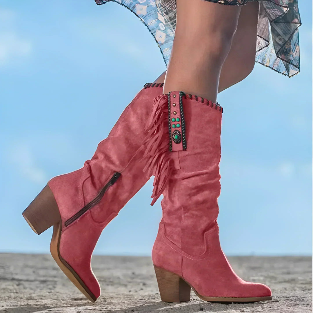 Elegant women's mid-calf fringe boots. Western cowgirl style with a chic block heel, perfect for any occasion.