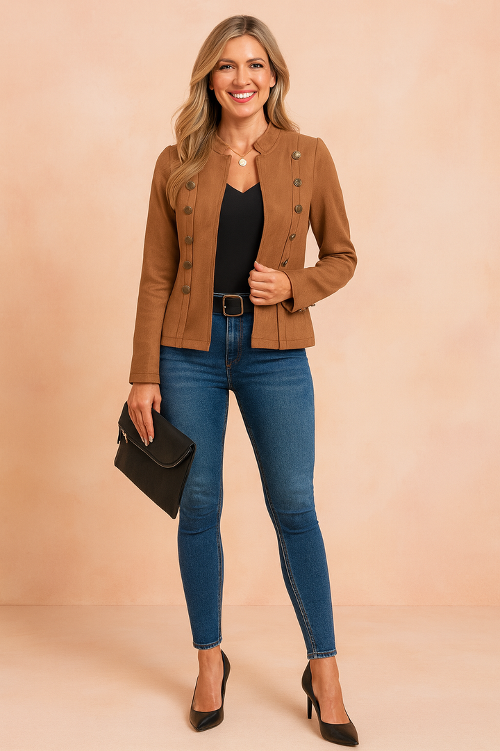 Women's military-style short jacket with a structured fit, ideal for chic fashion outerwear.