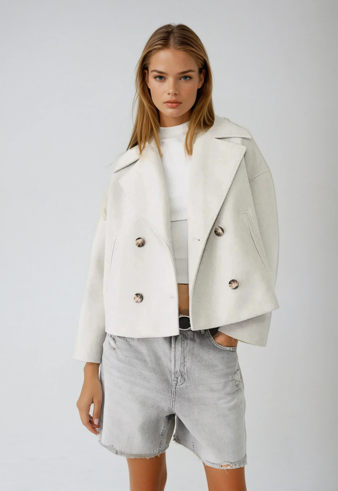 Women's modern double-breasted short coat jacket, perfect for fall & winter outerwear.