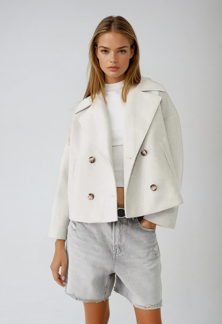Women's modern double-breasted short coat jacket, perfect for fall & winter outerwear.