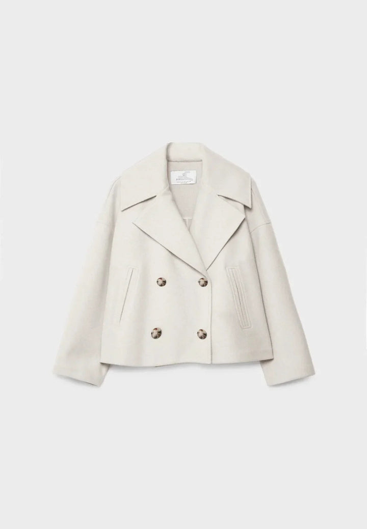 Elegant tailored women's short coat, double-breasted jacket for sophisticated fall & winter outerwear.