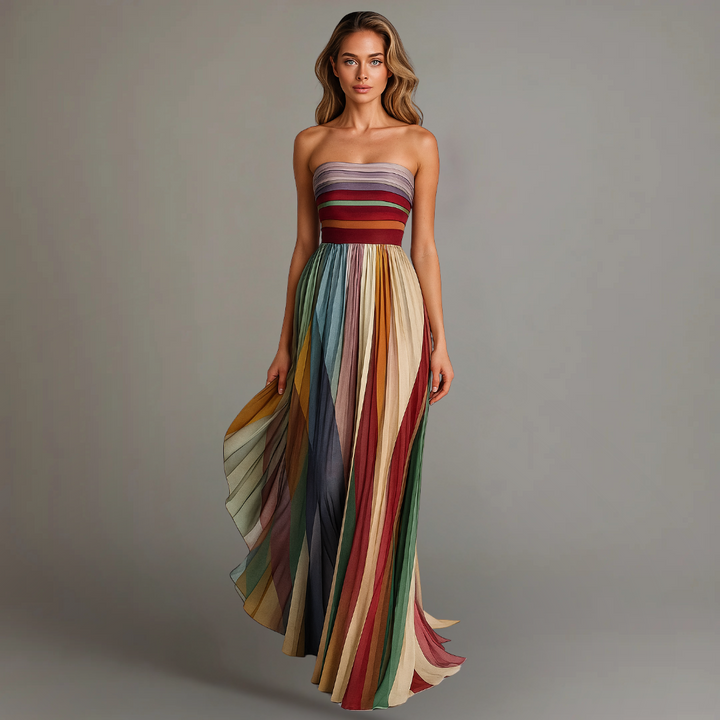 Women's multicolor strapless pleated maxi dress for elegant summer casual wear.