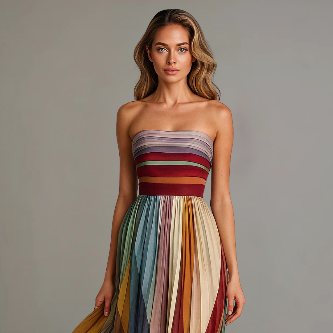 Flowy, strapless, pleated maxi dress in multicolor for women's summer fashion.