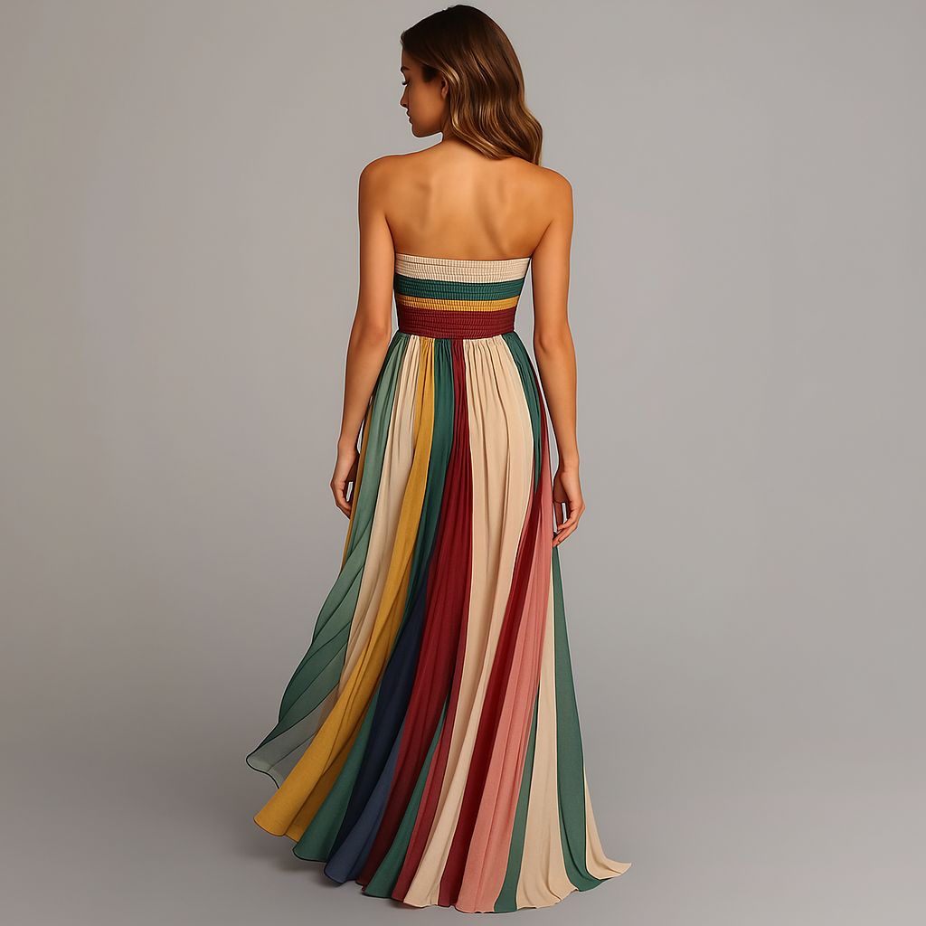Effortless elegance: multicolor strapless pleated maxi dress for women.