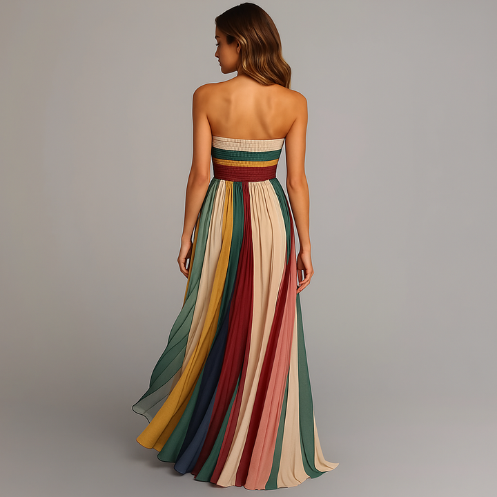 Effortless elegance: multicolor strapless pleated maxi dress for women.