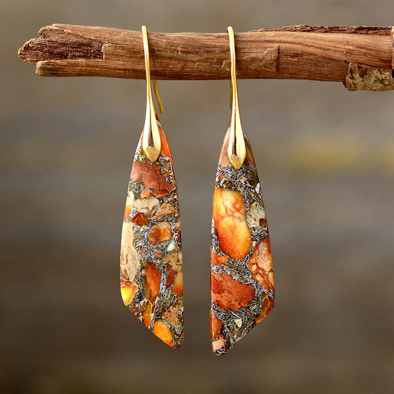 Bohemian style women's earrings with dangling natural stones and gold plating