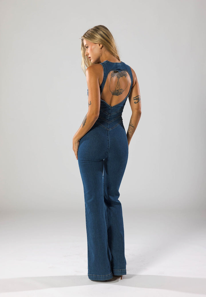Stylish women's denim jumpsuit featuring a unique heart-shaped neckline
