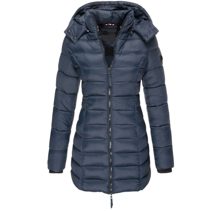 Women's Olivia hooded down jacket in navy blue, perfect for winter warmth.