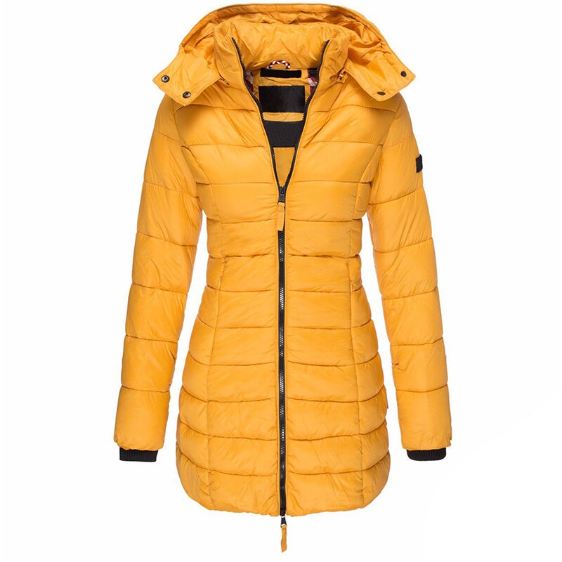 Close-up of the cozy hood on the Olivia women's insulated down jacket.