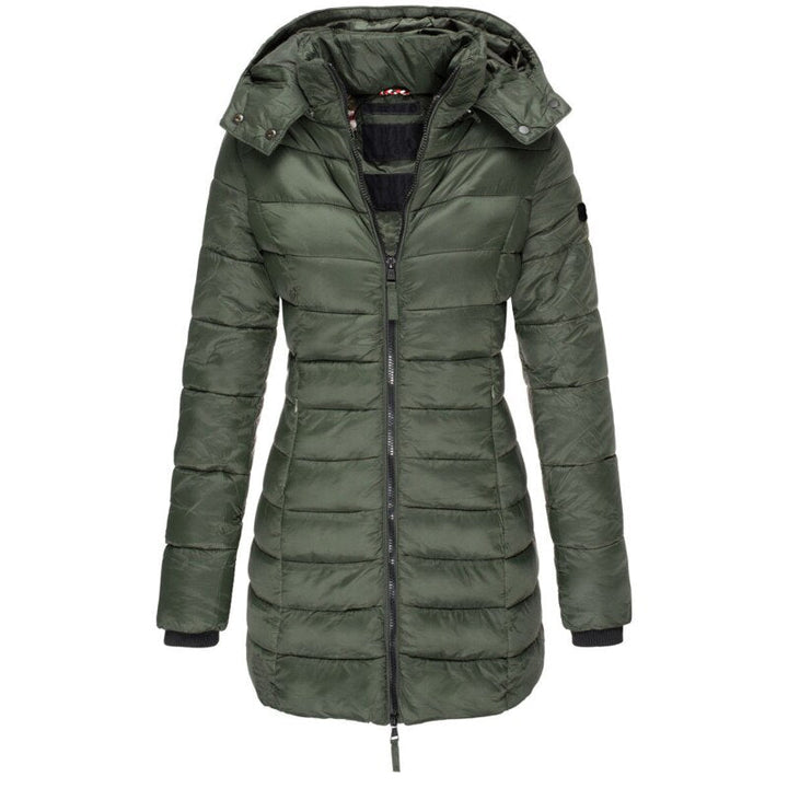 Stylish women's fashion jacket, the Olivia down coat in a vibrant red color.
