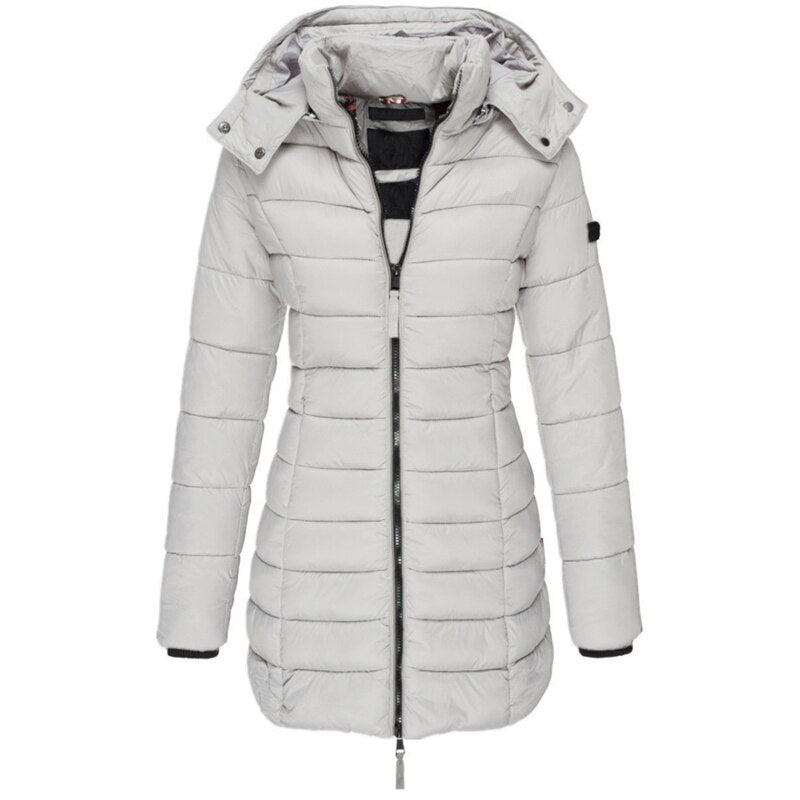 Side view of the Olivia women's stylish hooded down jacket, ideal for cold weather.