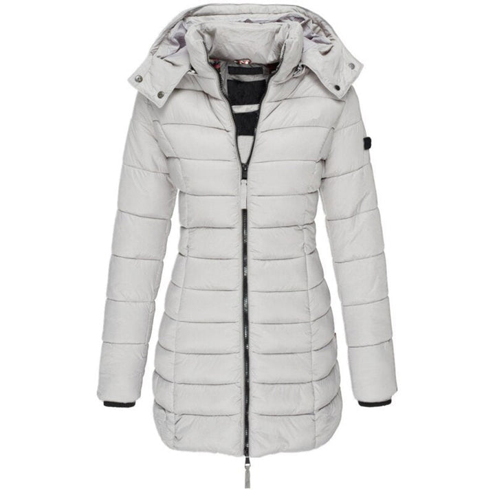 Side view of the Olivia women's stylish hooded down jacket, ideal for cold weather.