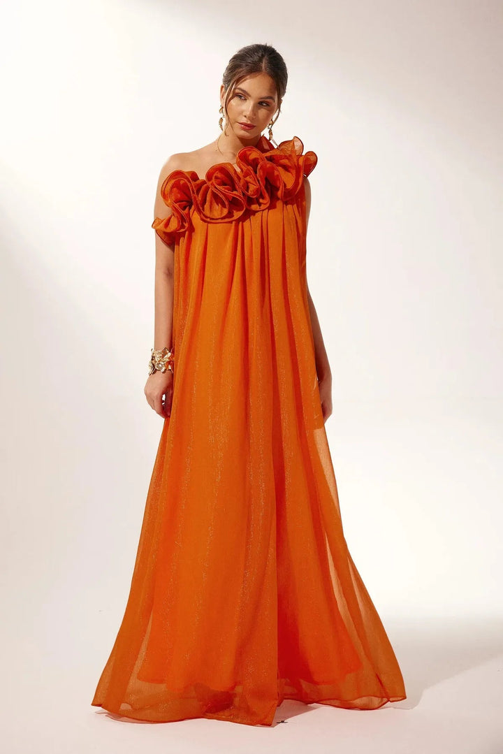 Elegant orange floral evening gown with a unique one-shoulder and asymmetric ruffle design.