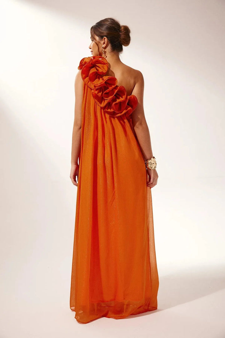 Make a statement in this ruffle detail formal evening gown, designed in a bold orange floral.