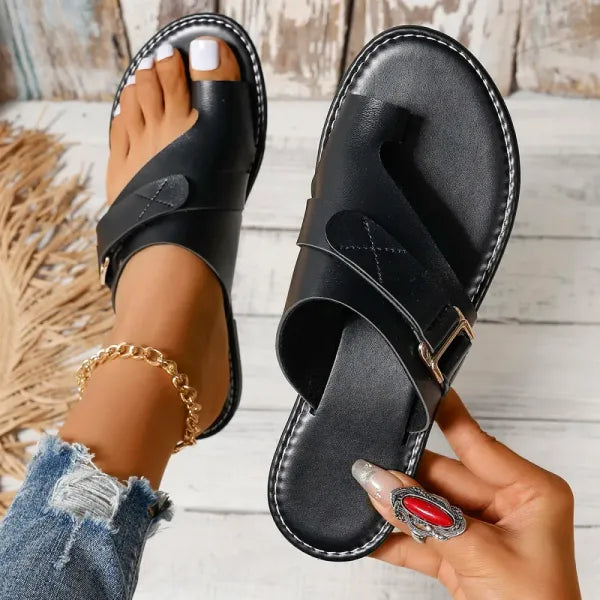 Women's orthopedic bunion relief sandals in a neutral color, offering stylish comfort and arch support.