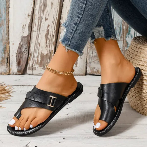 Elegant side profile of women's orthopedic sandals, showcasing stylish straps and bunion relief comfort.
