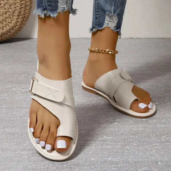 Close-up of comfortable orthopedic footbed in women's bunion relief sandals, emphasizing arch support.