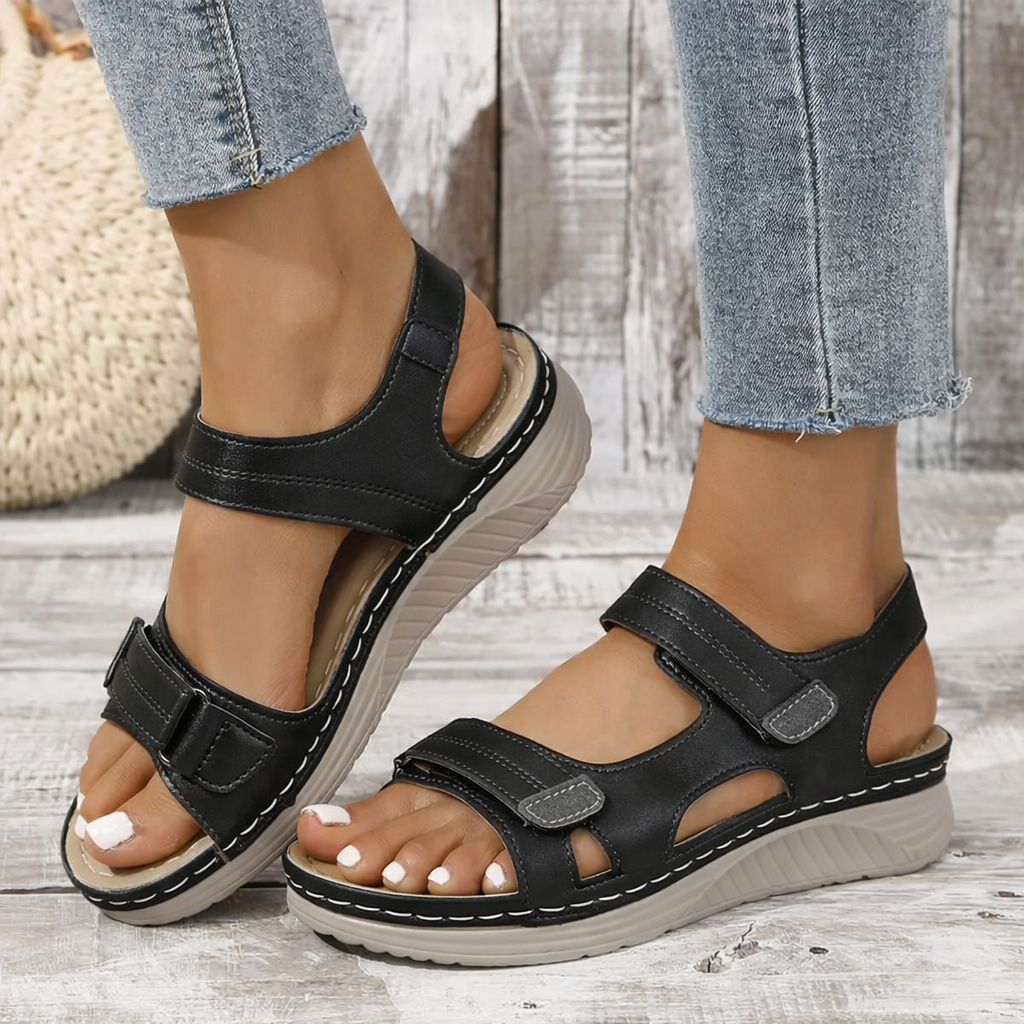 Women's orthopedic comfort sandals in brown, adjustable straps for all-day wear.