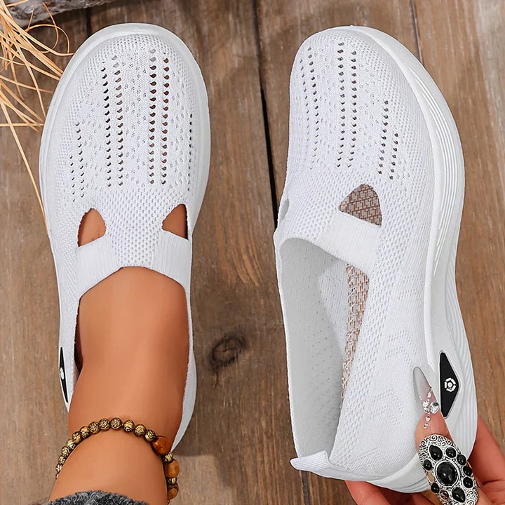 Image showcasing the easy slip-on feature of these women's orthopedic comfort shoes.