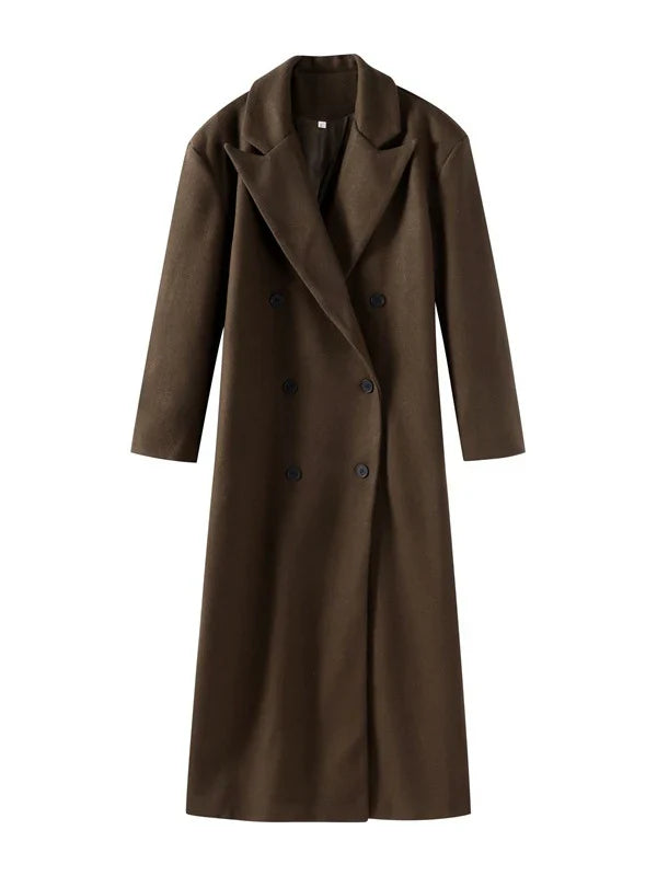Versatile women's oversized double-breasted longline brown coat, an elegant and stylish piece for winter layering.
