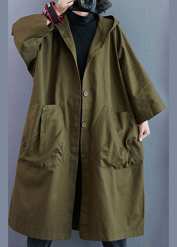 Chic women's long hooded trench coat, oversized for comfort & style. Features a stylish button front.