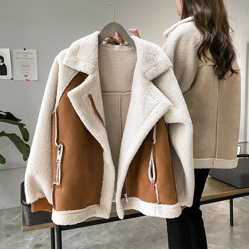 Women's oversized color block zip-up jacket in trendy fall colors, a stylish and cozy outerwear piece.