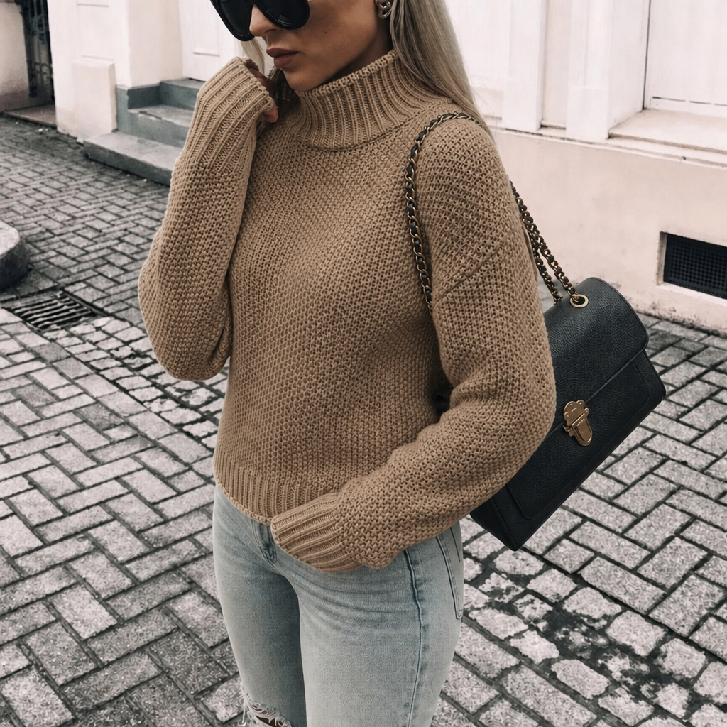 Stylish women's long-sleeve oversized turtleneck sweater in a relaxed fit, ideal for autumn/winter fashion.