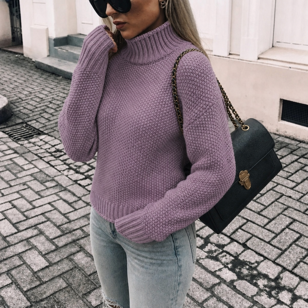 Fashionable women's oversized turtleneck jumper, a warm and cozy knitted sweater for stylish autumn and winter outfits.