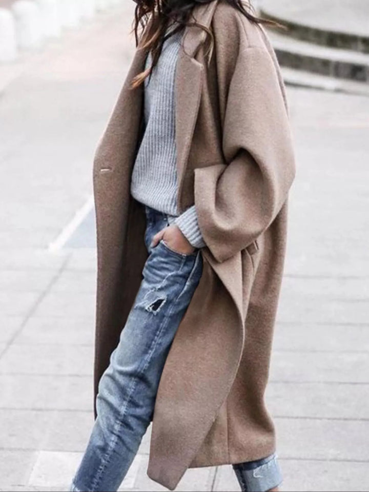 Women's oversized long lapel trench coat in classic beige, perfect for chic casual style.