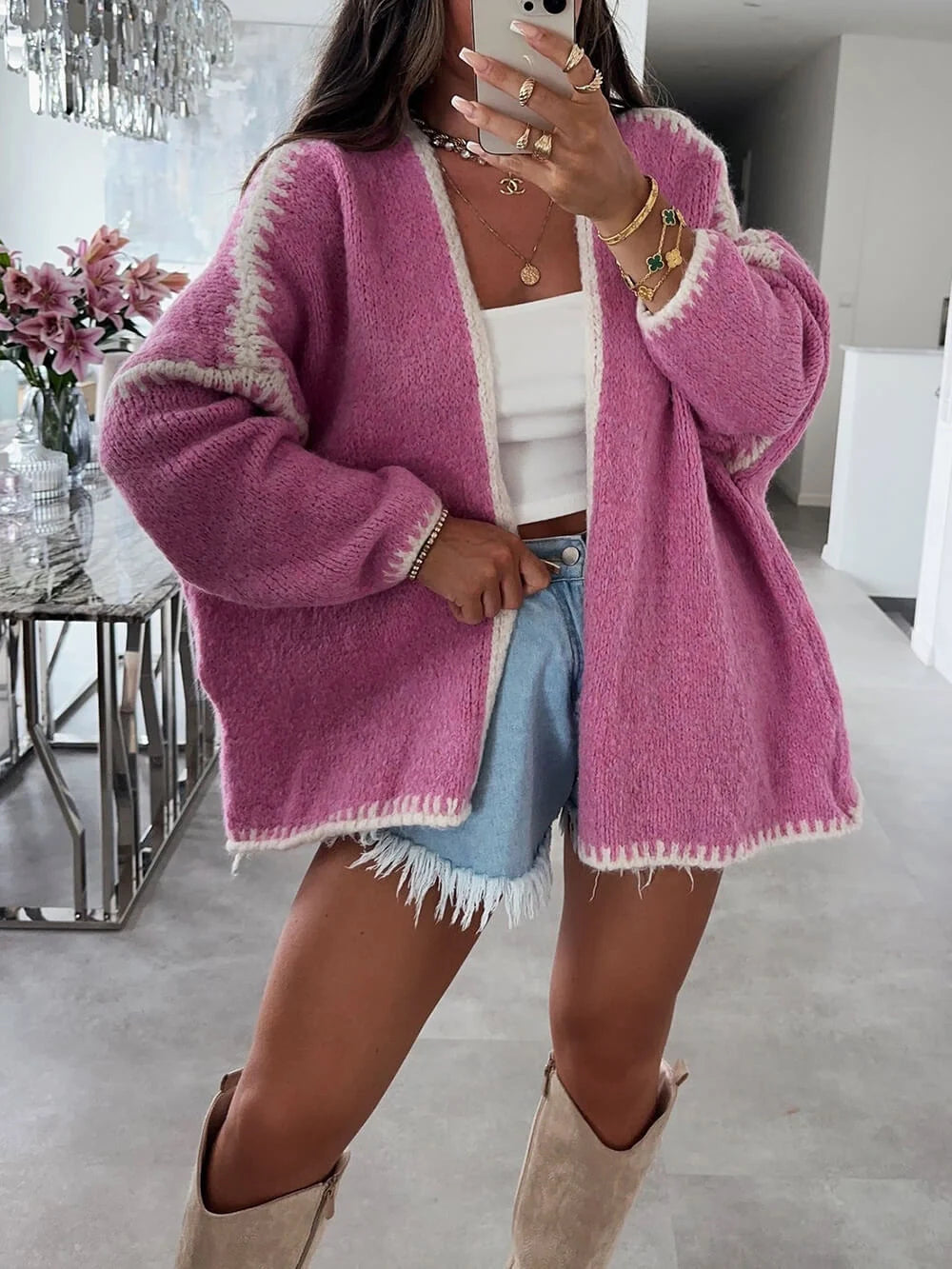 Women's oversized open front cardigan in a comfortable, drapey fabric, perfect for casual layering in fall or spring.