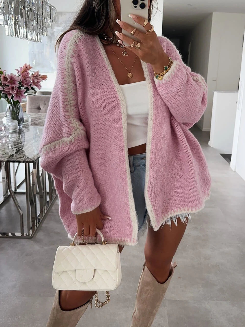 Stylish women's open front oversized cardigan, offering a drapey, casual fit for comfortable everyday layering.