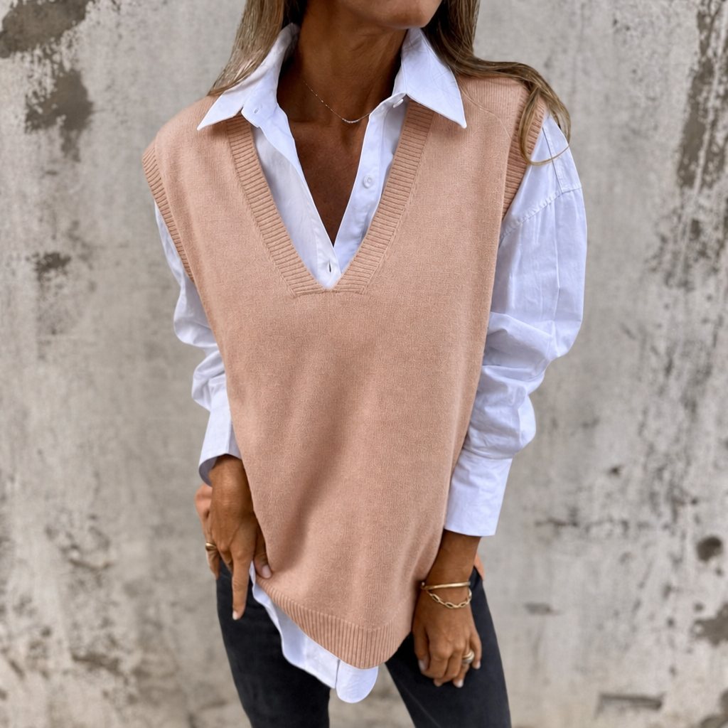 Women's oversized peach V-neck sweater vest, a cozy knitted layering piece for comfortable winter fashion.