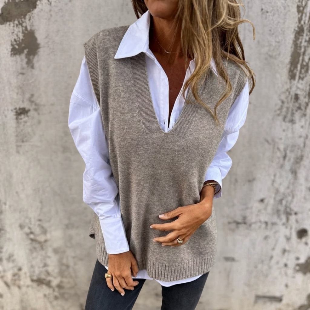 Chic grey V-neck oversized sweater vest for women, perfect for stylish layering in fall and winter outfits.