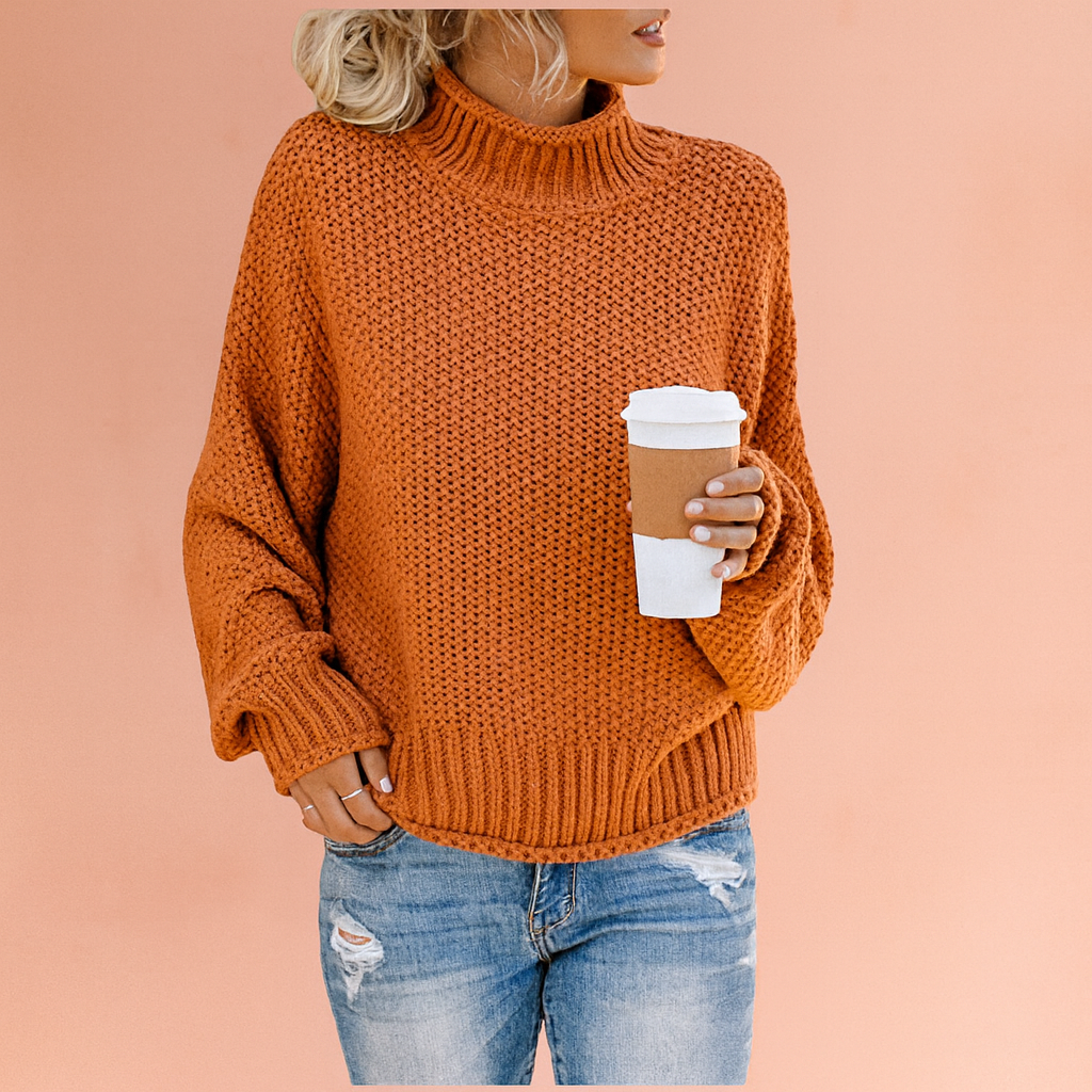 Women's cozy oversized turtleneck sweater. Warm, relaxed fit for everyday comfort & chic winter style.