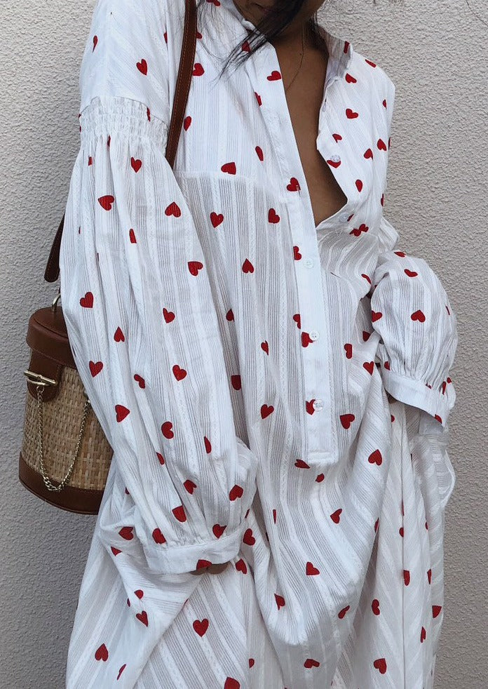 Summery white jacquard maxi dress featuring a charming heart print design