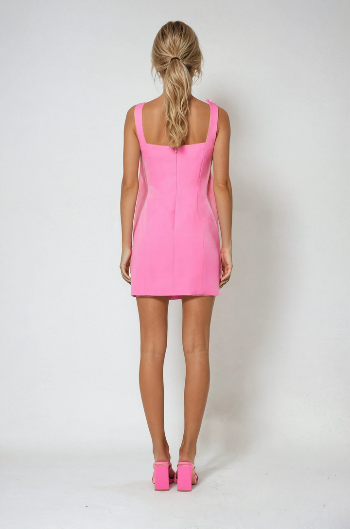 Chic pink floral mini dress, perfect for summer events.