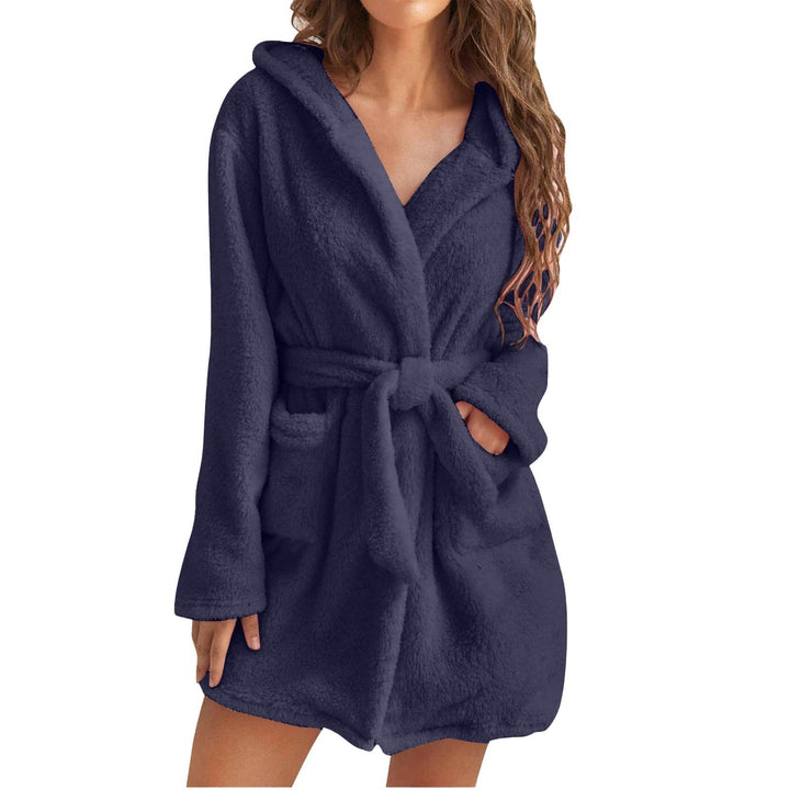 Cozy women's coral fleece bathrobe with a comfortable hood, perfect for winter sleepwear.