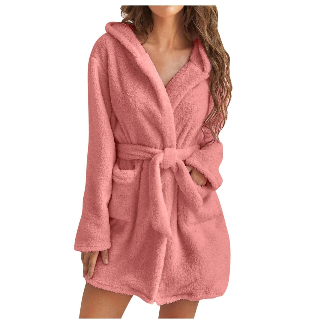 Luxurious hooded plush bathrobe for women in a soft black material, ideal for loungewear.