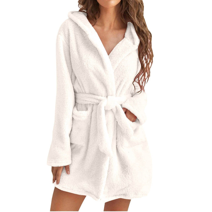 Stylish women's blue hooded bathrobe made from soft, warm coral fleece for chilly nights.