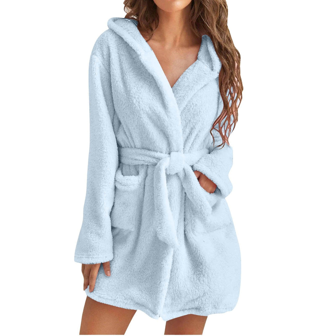 Comfortable women's gray hooded plush robe, designed for cozy evenings and relaxation.
