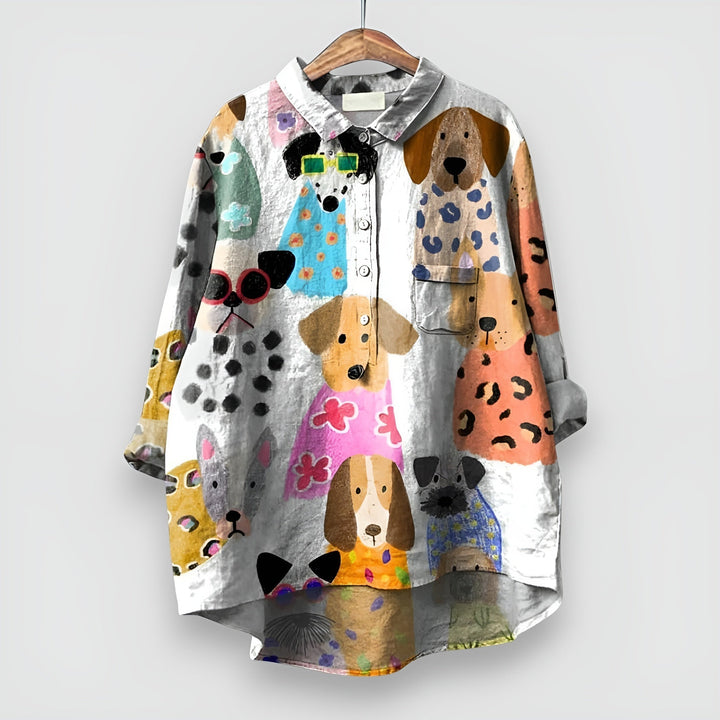 Women's playful dog print shirt, charming casual top for everyday style and comfort.