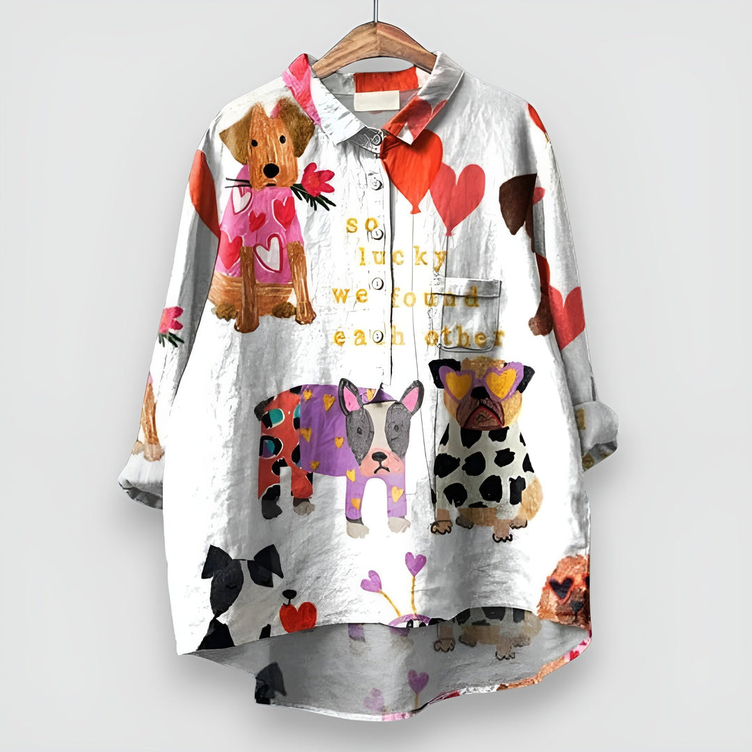 Fashionable women's animal print shirt with cute dog graphic, a stylish and comfortable casual blouse.