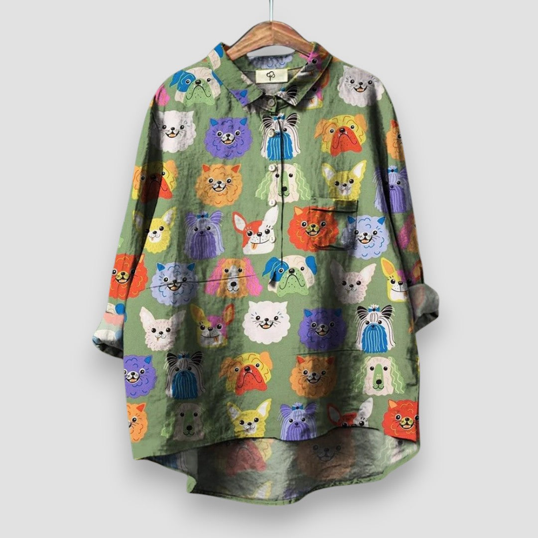 Casual women's dog print top, a comfortable and charming blouse perfect for everyday playful fashion.