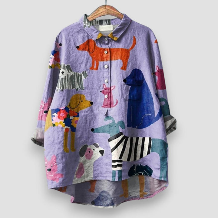 Charming women's dog print shirt, a stylish and comfortable animal print top for playful fashion statements.