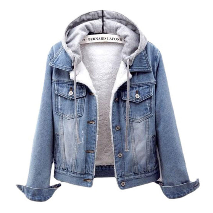 Women's plus size hooded denim jacket in light wash, perfect for casual, curvy fashion. Stylish and comfortable.