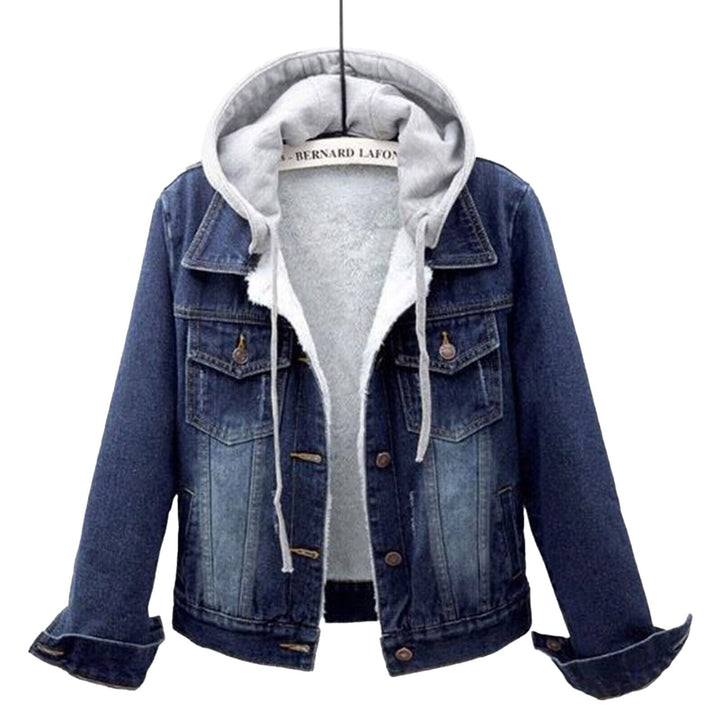 Stylish women's plus size dark blue denim jacket with hood. Versatile outerwear for curvy fashion & casual wear.