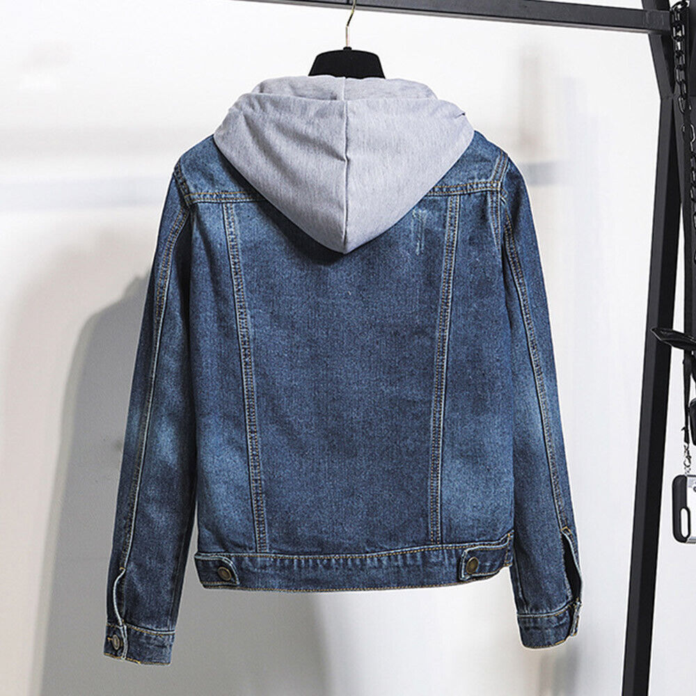 Close-up of a chic women's plus size hooded denim jacket. Features functional buttons & comfortable hood details.