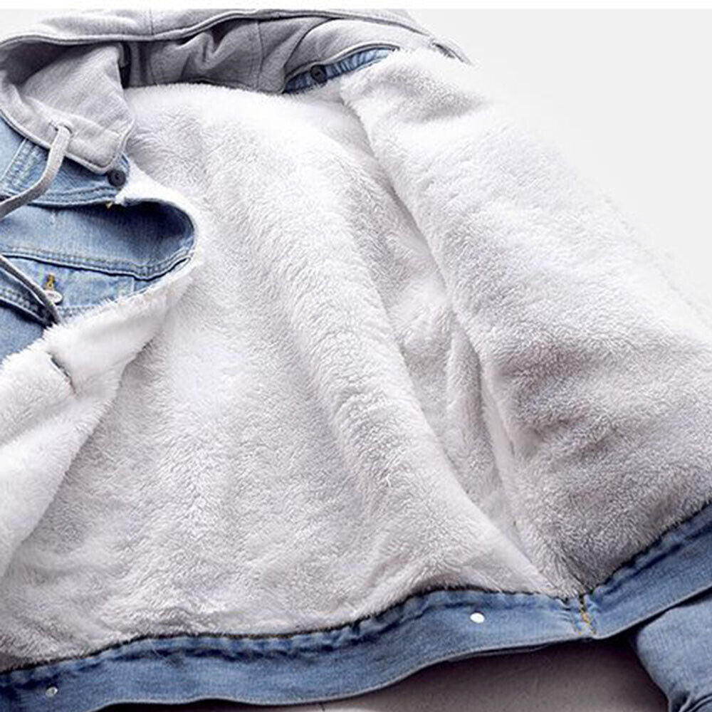 Curvy woman models a comfortable plus size light blue hooded denim jacket, ideal for casual outings & layering.